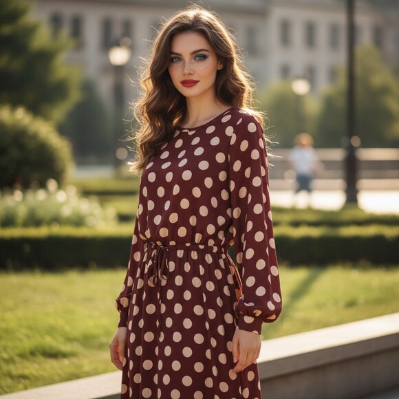 ZARA TRAFALUC Rust Polka Dot Long Sleeve Maxi Dress M Tie Waist Modest Preppy - Picture 14 of 14